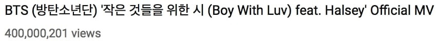 BTS - "Boy With Luv" atinge 400 Milhões de Views