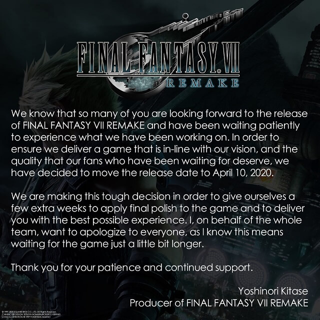 Final Fantasy VII Remake Adiado! - Comunicado do diretor do jogo