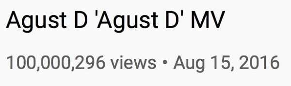 "Agust D" do Suga dos BTS atinge 100M de Visualizações