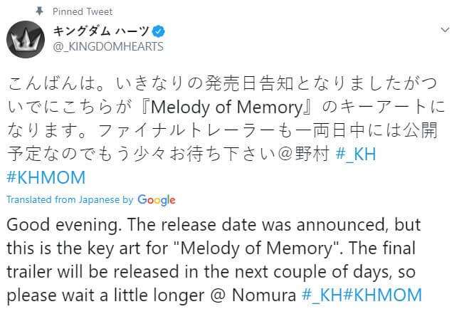 Kingdom Hearts Melody of Memory Tweet Nomura